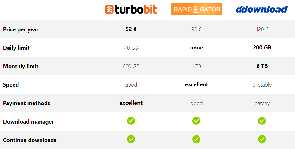 Comparison of Rapidgator, Ddownload, and Turbobit Premium Accounts